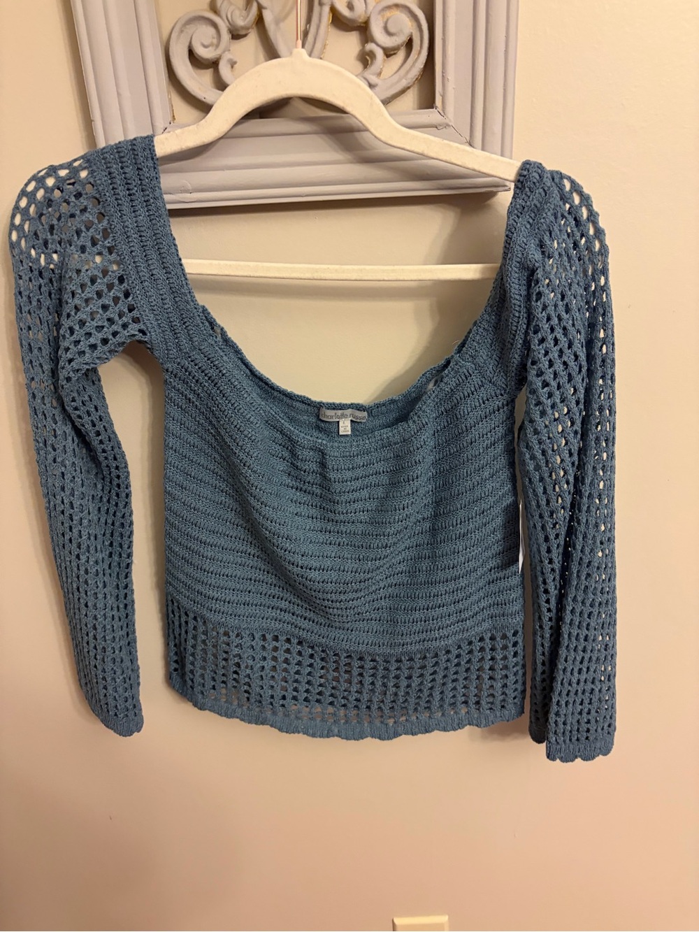 Charlotte Russe Light Blue Crochet Off-the-Shoulder Sweater